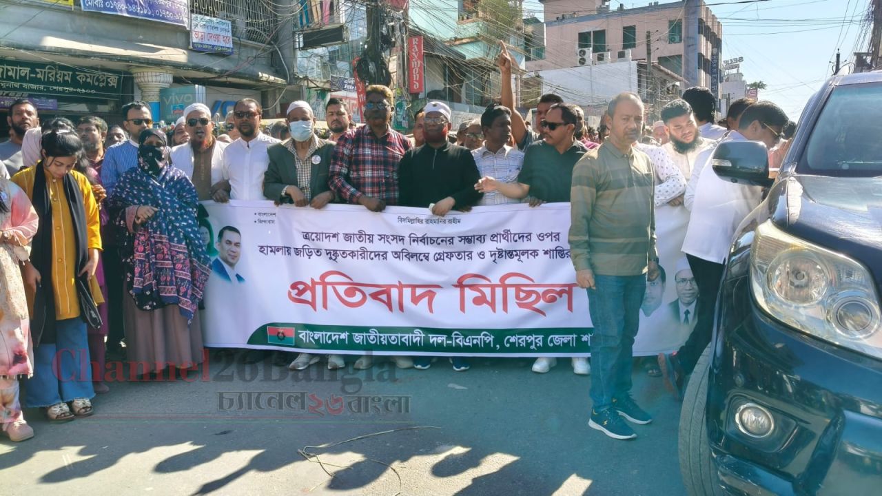 সন্ত্রাসী হামলার প্রতিবাদে শেরপুরে বিএনপির বিক্ষোভ