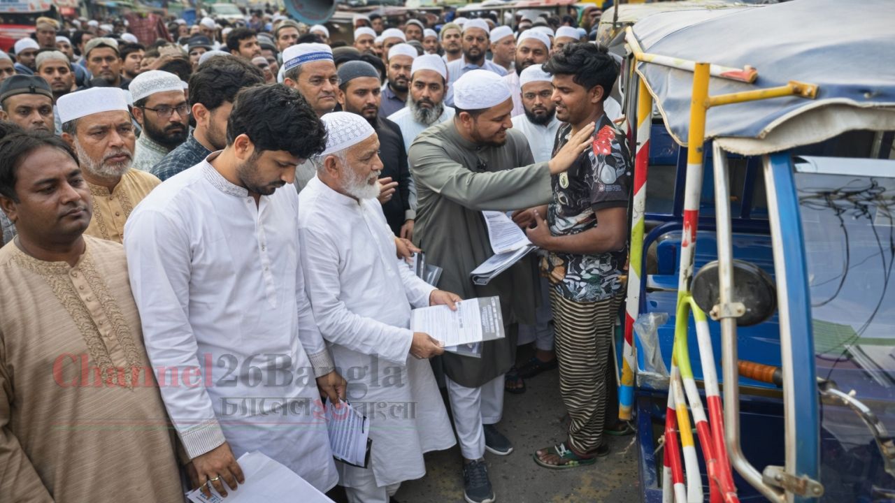 নারায়ণগঞ্জে গণভোটের রায় বাস্তবায়নের দাবিতে ১১ দলের বিক্ষোভ ও লিফলেট বিতরণ