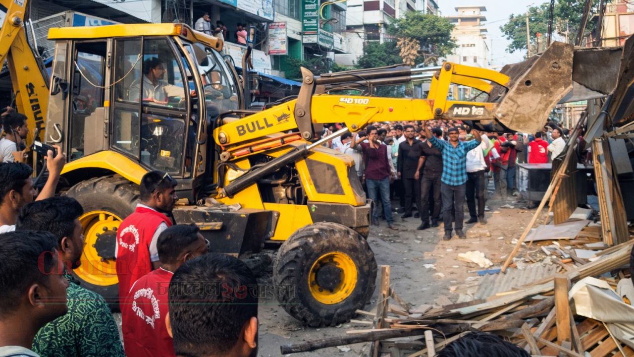 নারায়ণগঞ্জে ফুটপাত ও অবৈধ স্থাপনা উচ্ছেদে সিটি কর্পোরেশনের অভিযান
