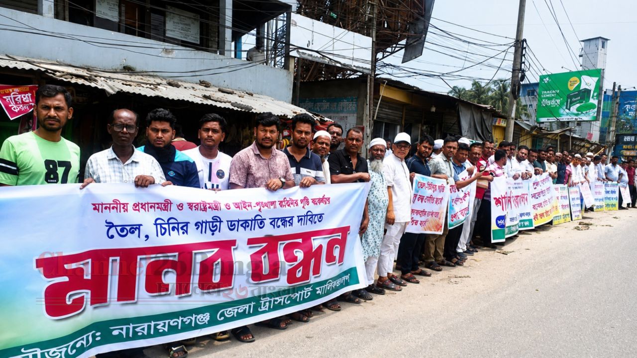 মহাসড়কে ডাকাতি বন্ধের দাবিতে নারায়ণগঞ্জে পরিবহন মালিকদের মানববন্ধন