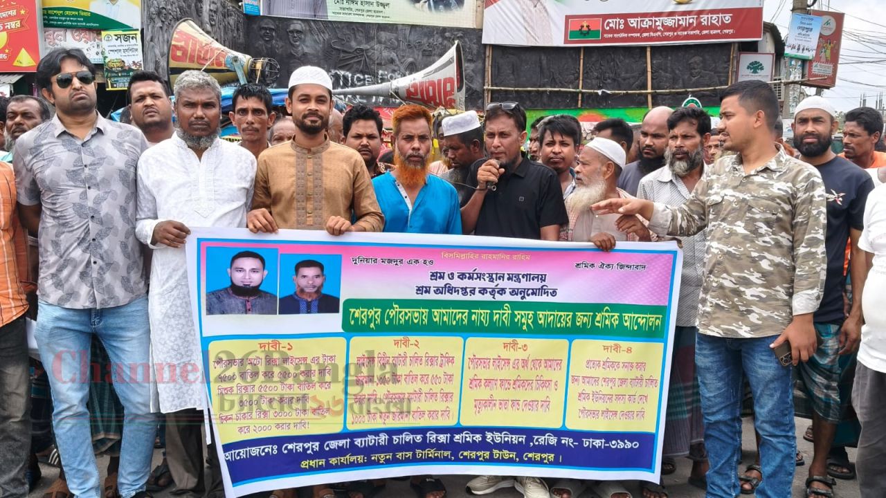 লাইসেন্স ফি কমানোর দাবিতে শেরপুরে ব্যাটারিচালিত রিকশা শ্রমিকদের মানববন্ধন