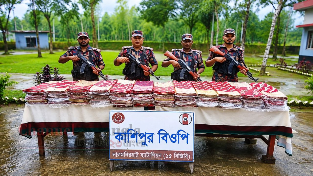 ফুলবাড়ী সীমান্তে বিজিবির অভিযানে ১৪ লাখ টাকার শাড়ি ও মাদক জব্দ